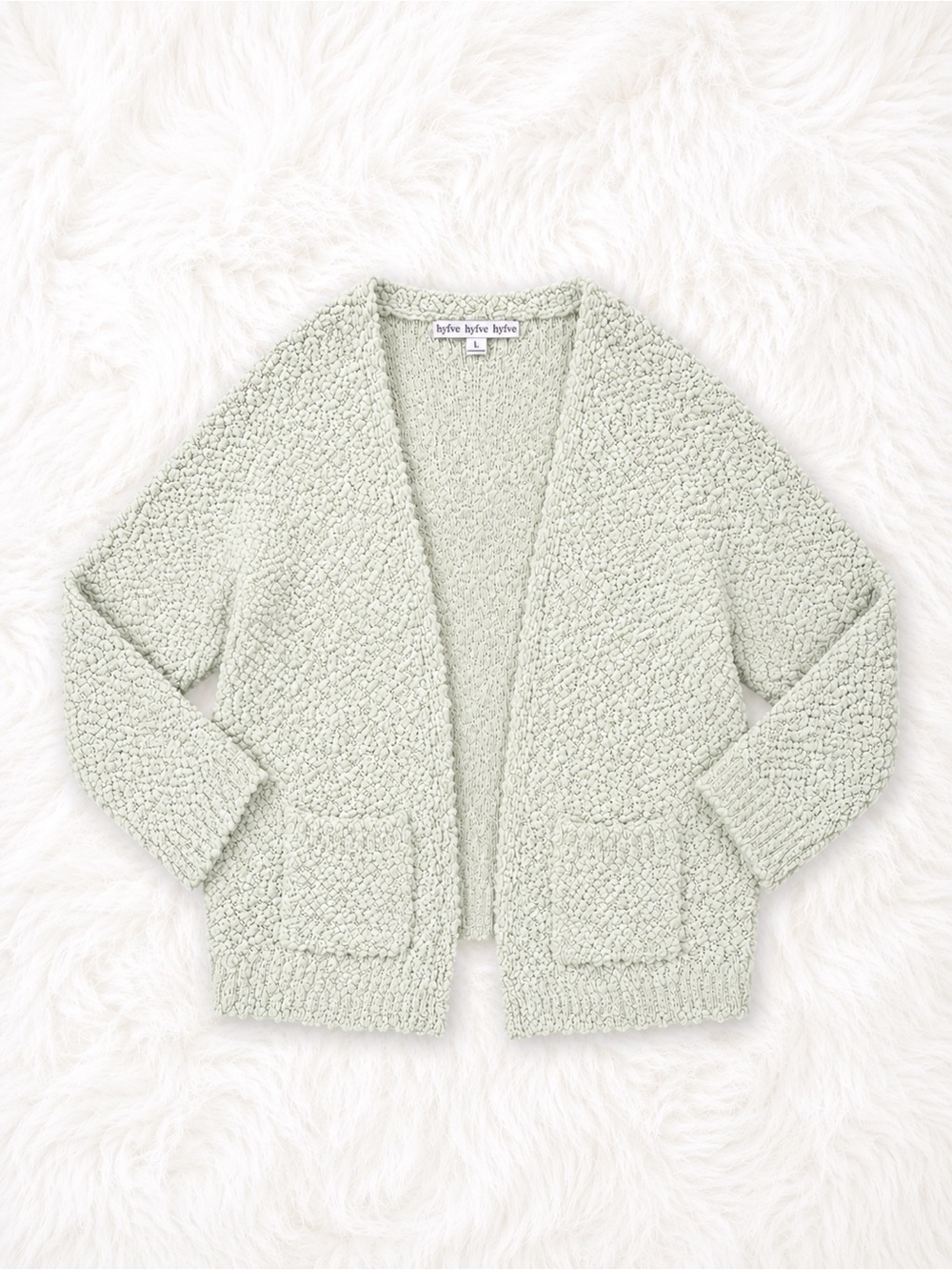 HYFVE Sage Green Popcorn Knit Cardigan Large Cozy Boho Chunky Open Front Sweater